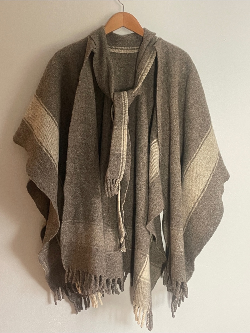 Vintage Wool Blanket Poncho with Fringe